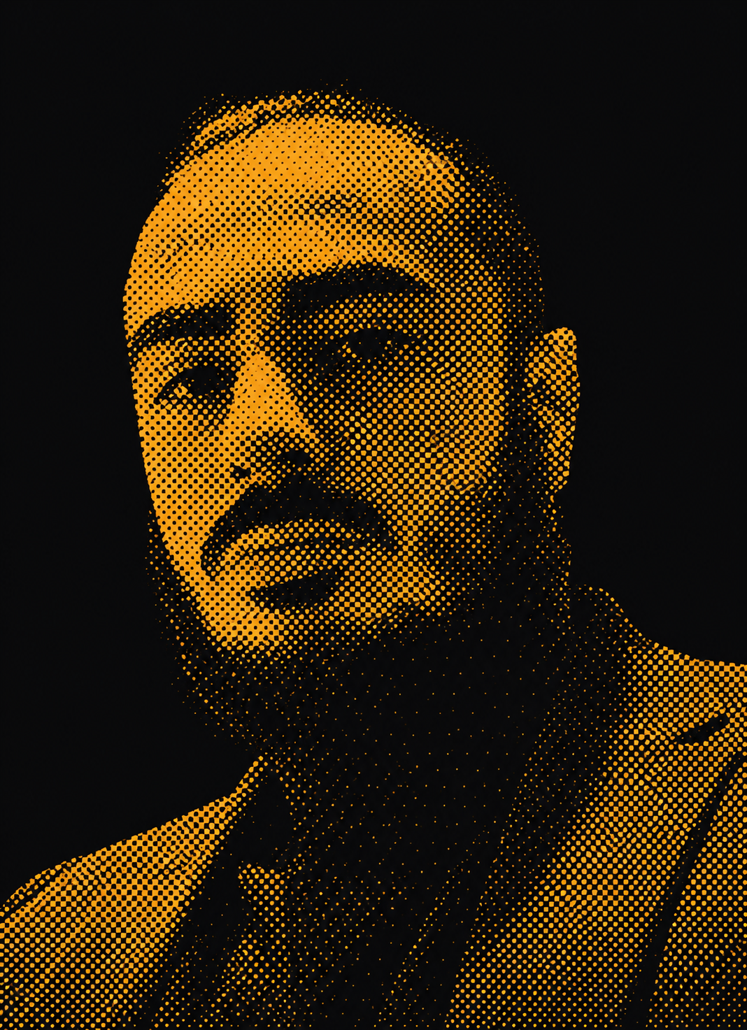 Halftone portrait of Ali Guzel in amber on charcoal